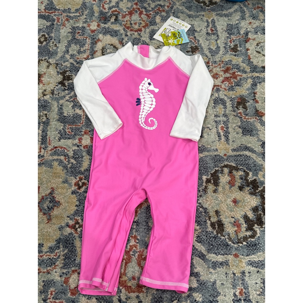 Flap Happy‎ Rash Guard Swimsuit Girls 12M Pink Seahorse Long Sleeve NWT